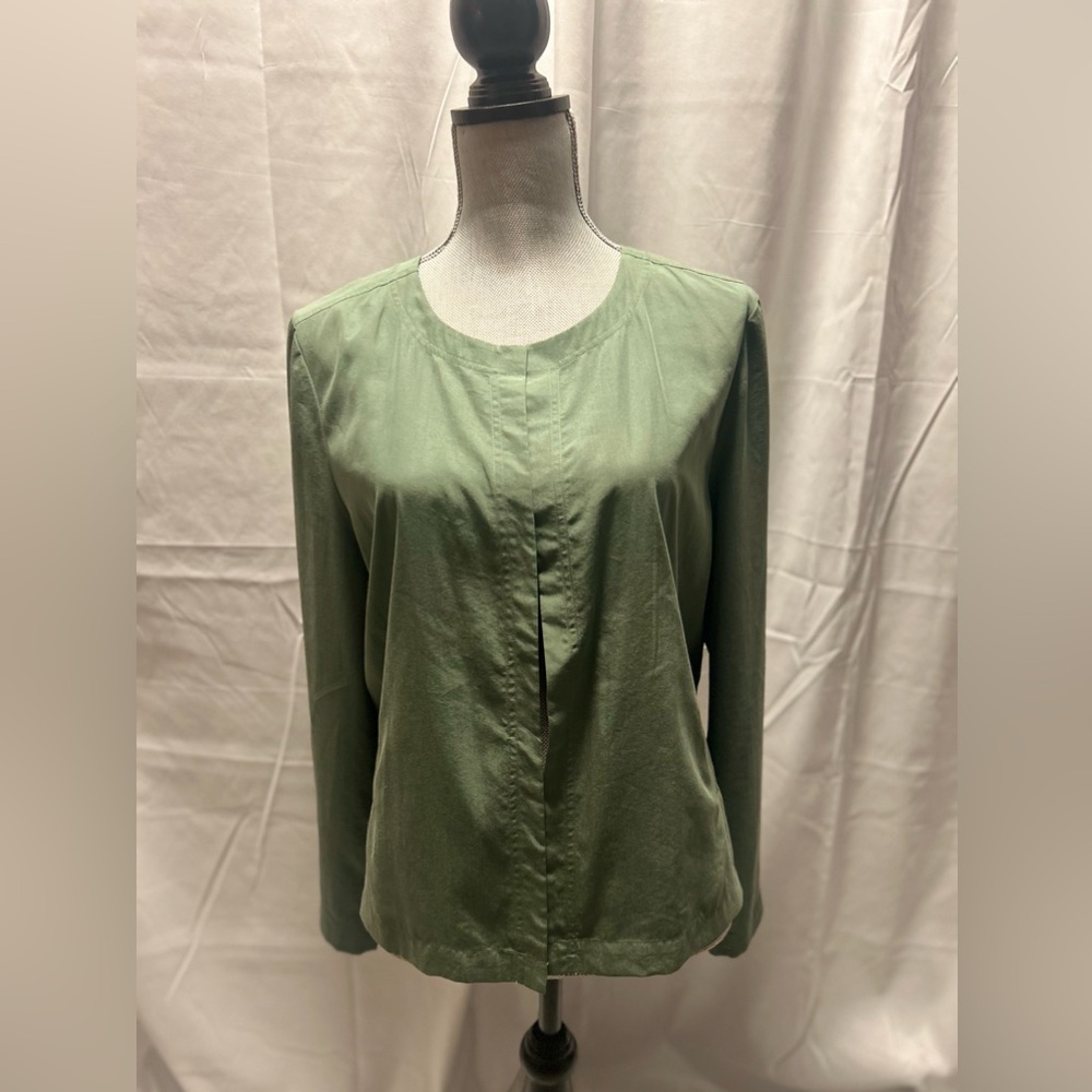 NWOT Eileen Fisher Women's Green Tencel Open Front Cropped Jacket Blazer Sz L